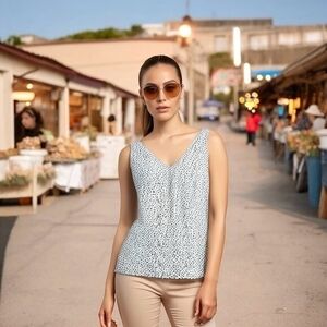 White House Black Market Women's Black White Cross V-Neck Tank Top M Sheer NWT